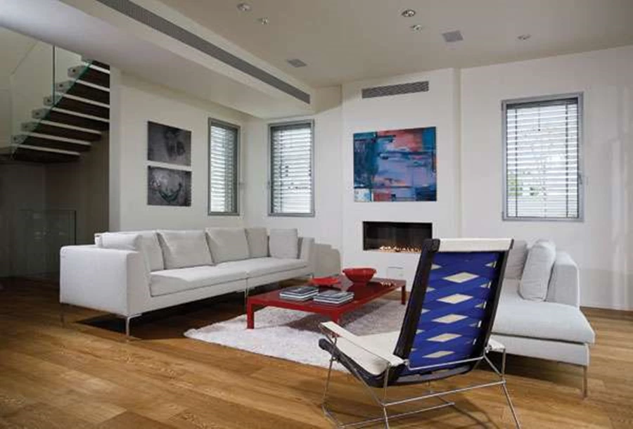 פינת הישיבה בסלון הממוקמת מול יחידת אח שהותקנה בתוך הקיר פינת ישיבה: הביטאט, שטיח: צמר.