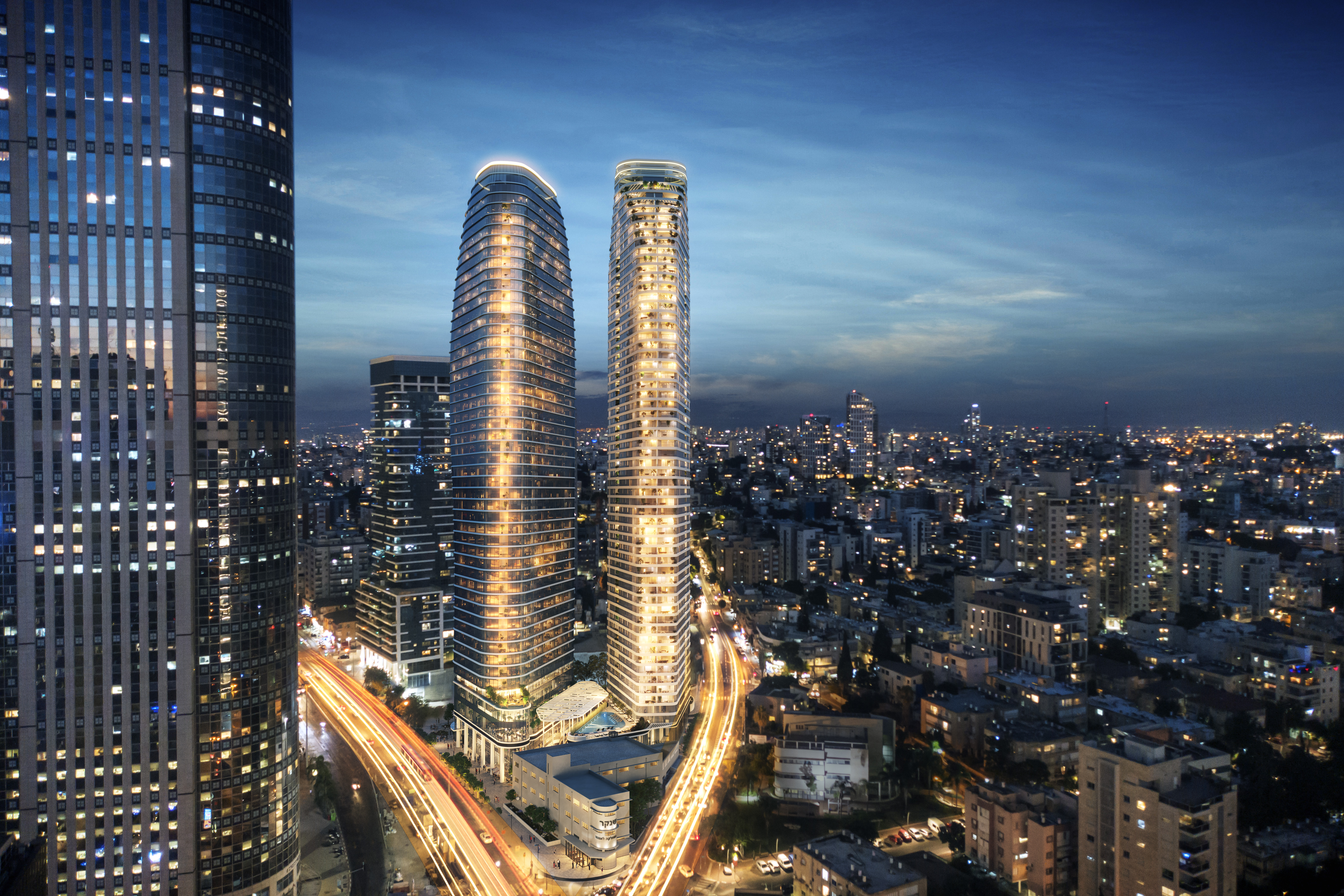 הבניינים המשולשים, המעוגלים בפינותיהם, מקבלים סילואטה שיוצרת גוף פלואידי, דינמי ומפוסל