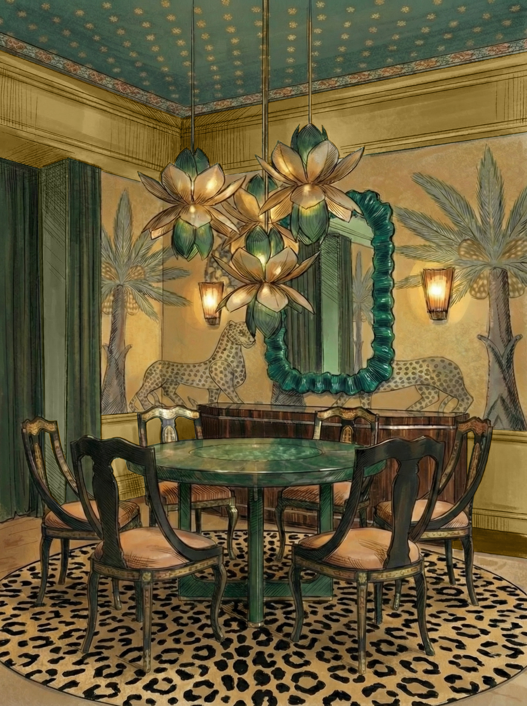 הדמיה של אחד החדרים במיצב Aurea, המלון הבדיוני שתכנן המעצב הפריזאי אוסקר לוסיין אונו מבית העיצוב Maison Numéro 20. המיצב תופס שני ביתנים שלמים ביריד ומציע סדרת חללים נרטיביים שבהם אור, חומר ואווירה משתנים מחדר לחדר