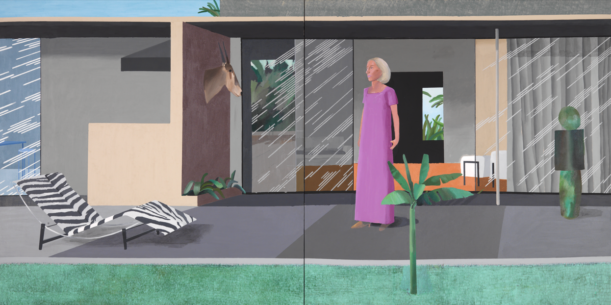 "Beverly Hills Housewife", 1966–1967 אקריליק על בד, שני קנבסים, 182.9 x 365.8 ס"מ צילום: Richard Schmidt © David Hockney