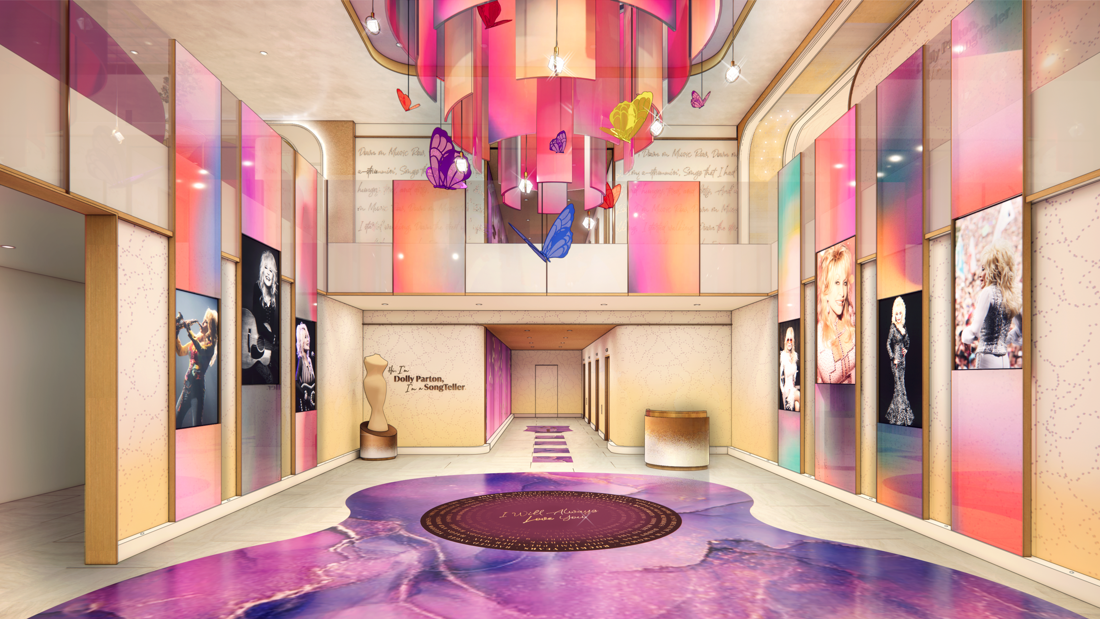 הלובי של SongTeller Hotel, עם פסיפס של אחת הגיטרות הוורודות של דולי פרטון על הרצפה. צילום: באדיבות SongTeller Hotel