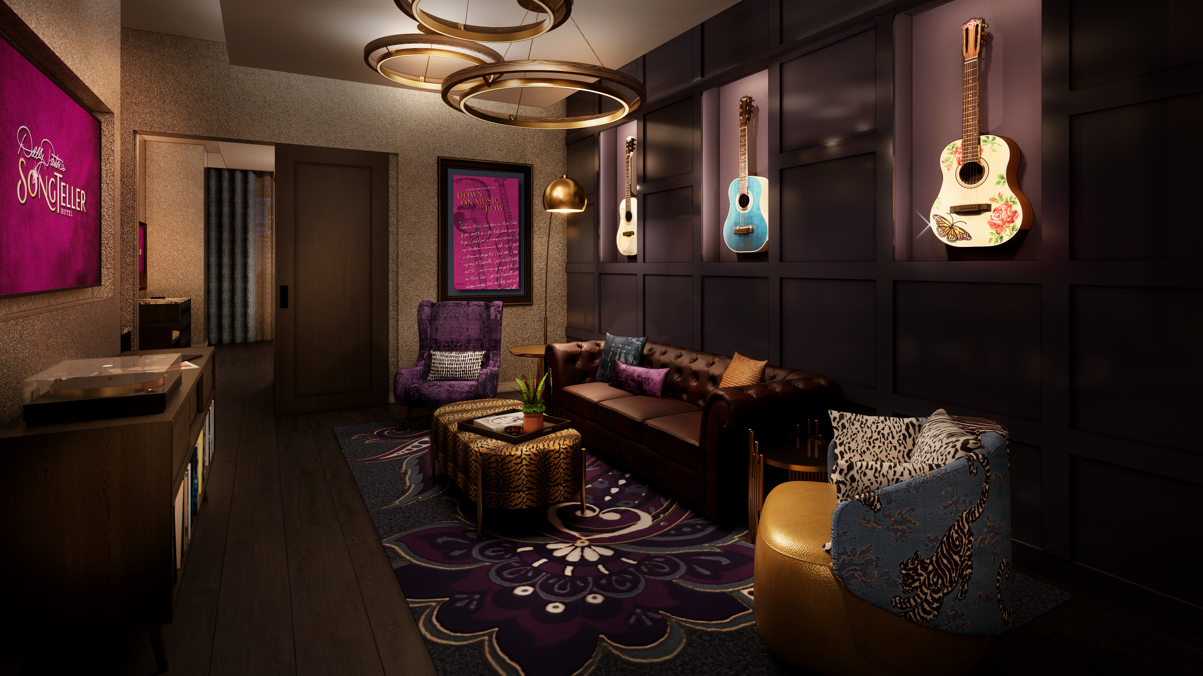 Acoustic Suites. גיטרות של פרטון ויצירות אמנות מתוך עטיפות האלבומים שלה. צילום: באדיבות SongTeller Hotel