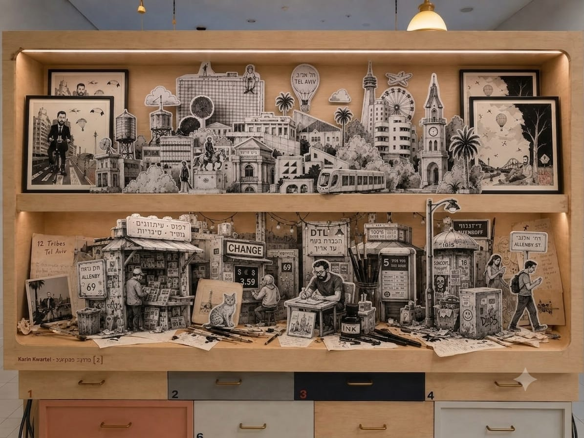 פול קורן, 2026. "12 התחנות של תל אביב" - טכניקה מעורבת