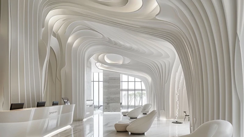 עיצוב חללים של בית מלון על ידי הבינה המלאכותית בהשראת האדריכלית זהה חדיד